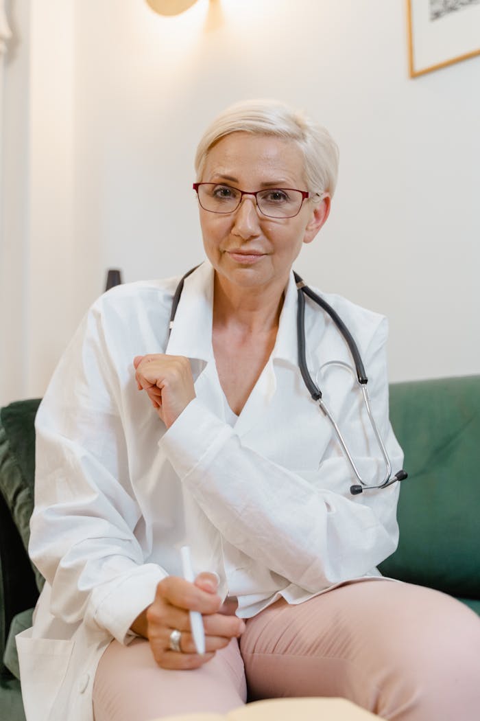 services-01 Confident female doctor in glasses and lab coat, sitting on a couch with a stethoscope, looking professional.