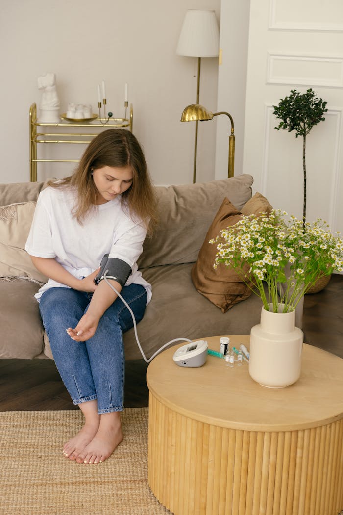 services-03 Woman sitting on couch using blood pressure monitor at home with chamomile flowers on table.